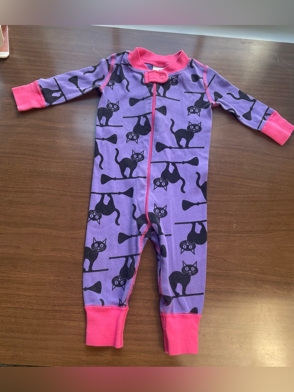 Hanna Andersson Purple Black Cat-Print Footie with Pink Trim
